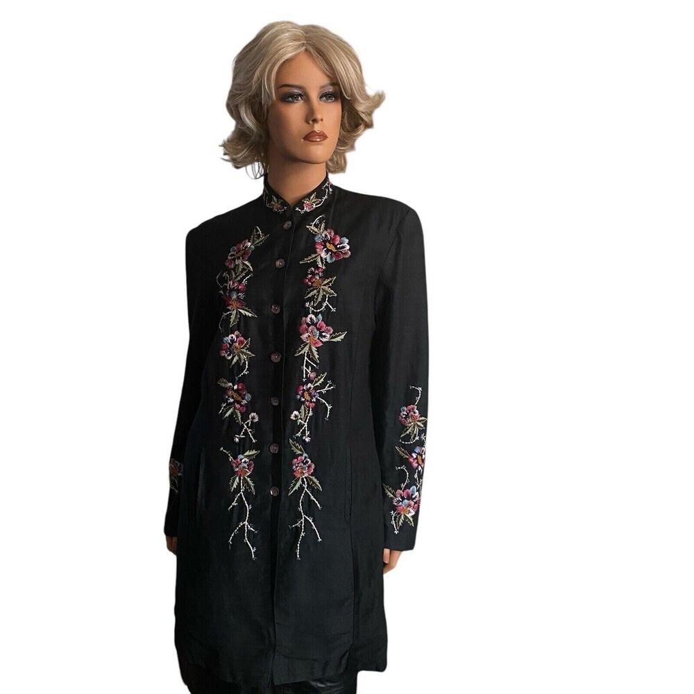 Vtg Embroidered Floral Jacket Blazer Silk Blend M Women’s Banded Collar Black - Picture 5 of 16